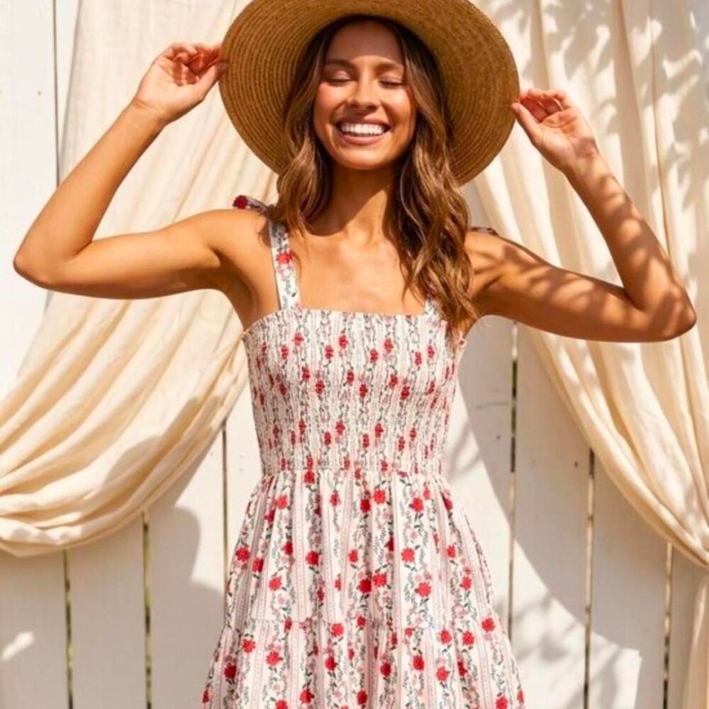 Joie Floral Smocked Tie Shoulder Cotton Sundress Large
